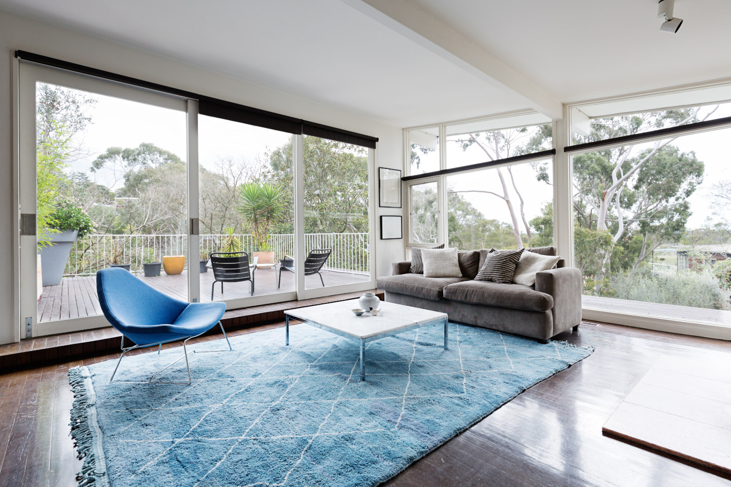 Glassed wall Australian living room with amazing views of bush treetops